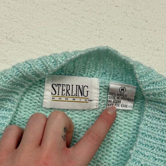 Vintage Sterling Harris Pearl Neck Sweater Medium Turquoise Cable Knit 80s - Picture 4 of 5